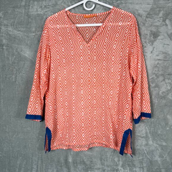 Oliphant Tunic Small Orange‎ V-neck Geometric Cover-up - Picture 1 of 9